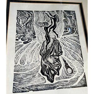 Abstract Ink Drawing Art Photo Print Black White Double Matted 14 x 16"